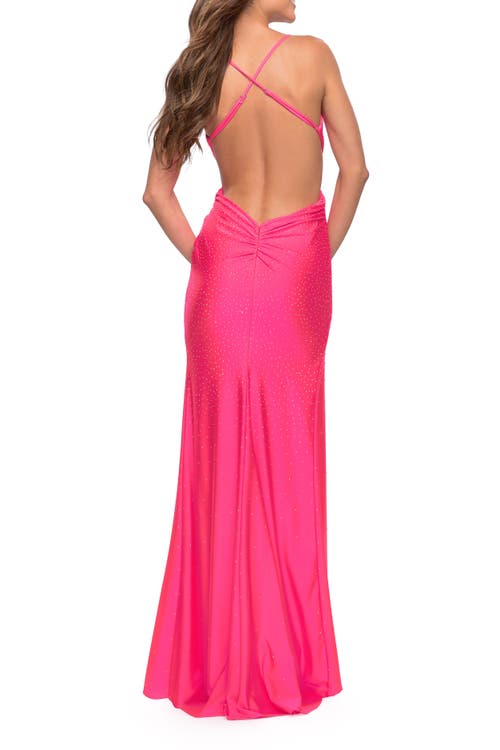 La Femme Neon Pink Ruched Long Gown With Criss-cross Style Bodice In Neon Pink