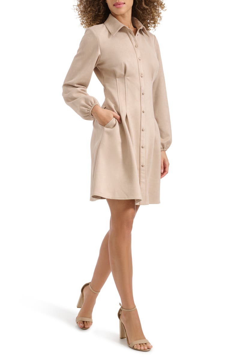 Kensie Faux Suede Long Sleeve Shirtdress, Alternate, color, Sand
