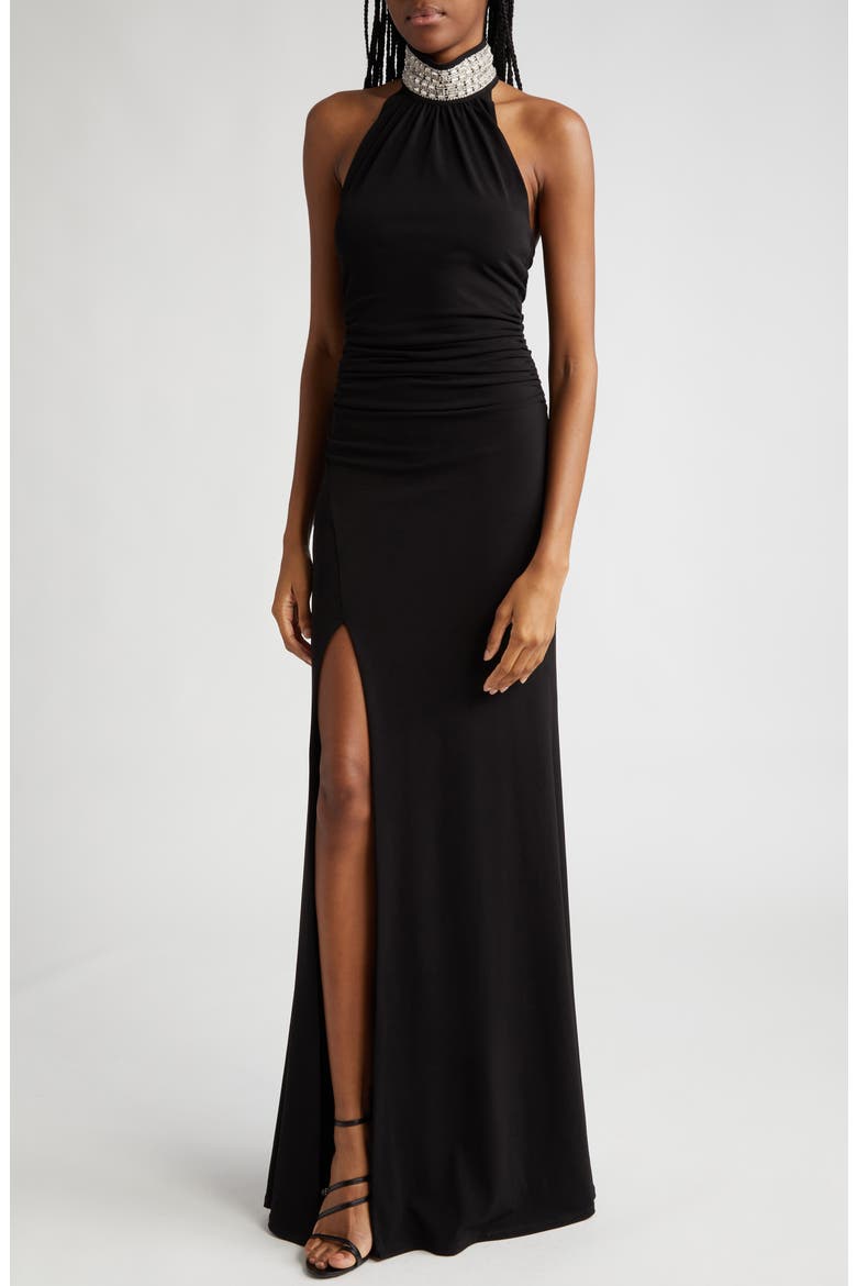 Izzy Ruched Embellished Neck Gown, Alternate, color, BLACK