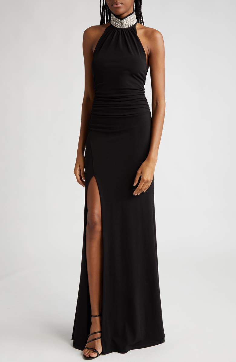 Cinq à Sept Izzy Ruched Embellished Neck Gown, Alternate, color, 