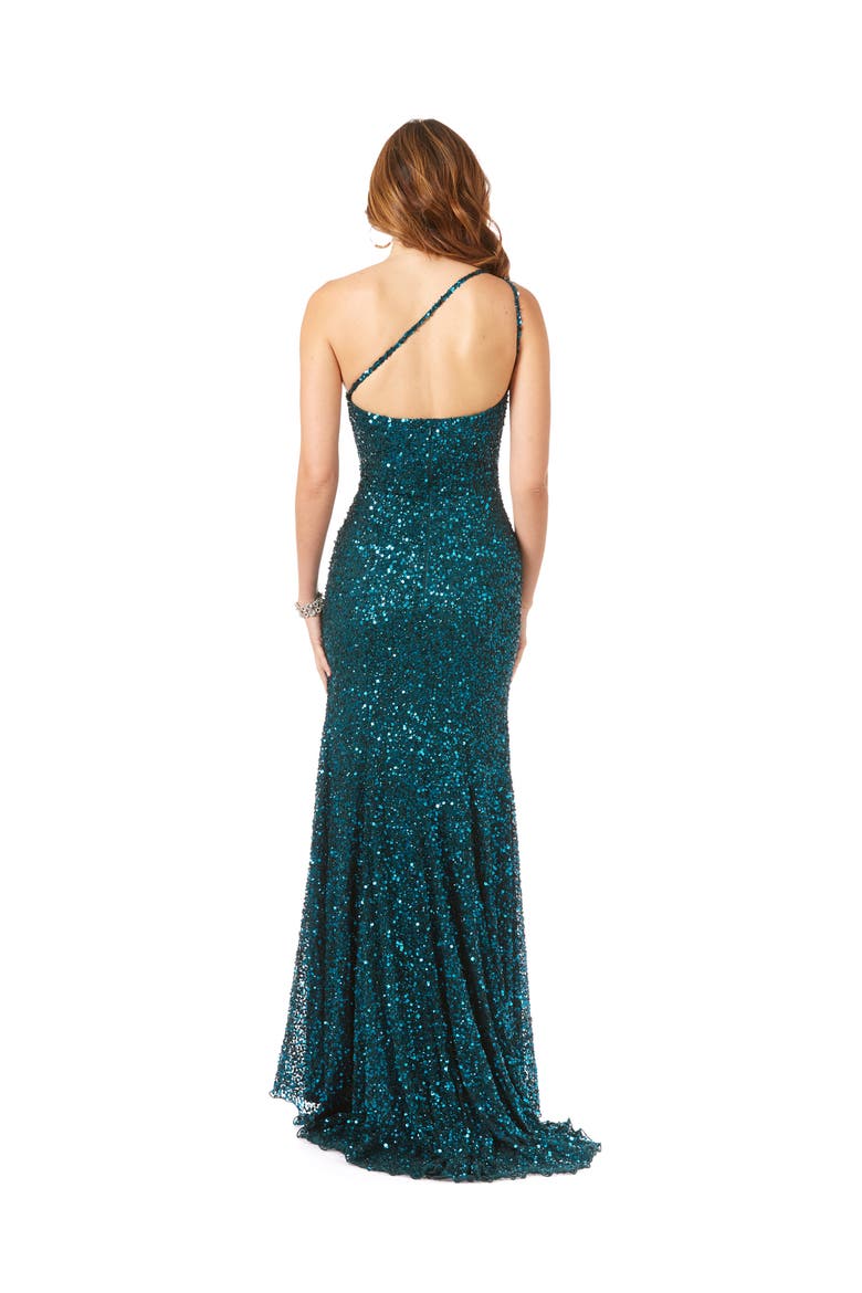 One-Shoulder Beaded Gown with Slit, Alternate, color, Teal