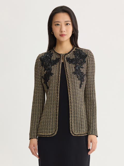 Tailored Lace Applique Lurex Tweed Knit Jacket