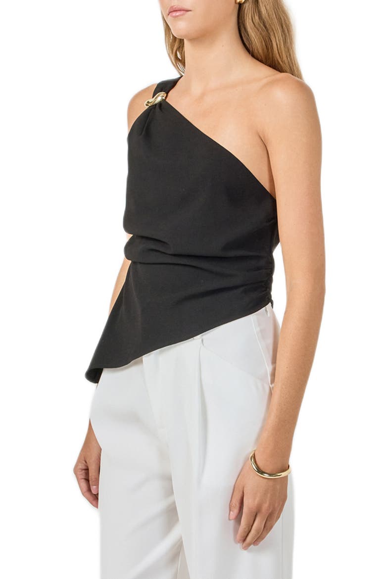 One Shoulder Ruched Asymmetric Hem Top, Alternate, color, BLACK