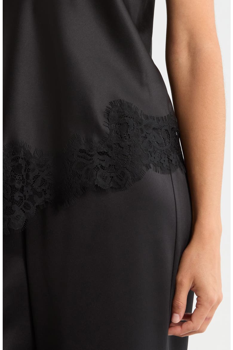 Lace Trim Satin Pajamas, Alternate, color, BLACK