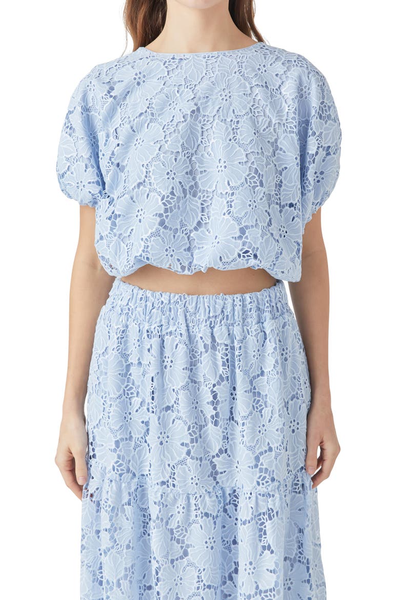 Sequin Lace Voluminous Crop Top, Alternate, color, POWDER BLUE