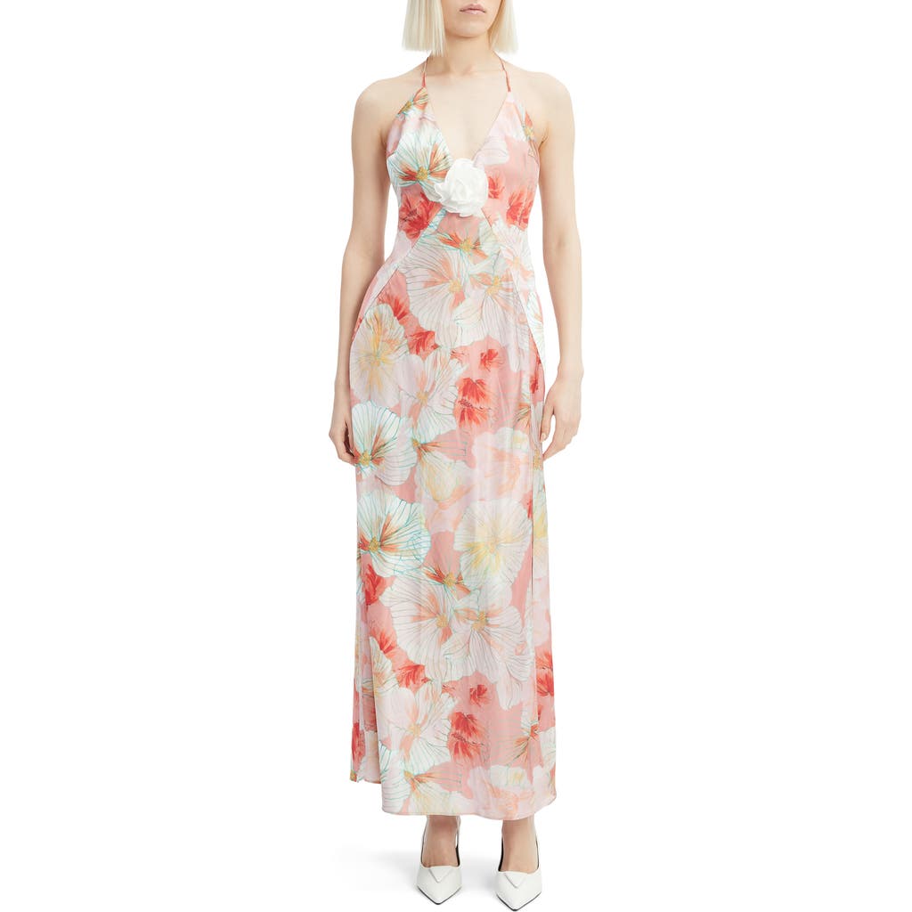 Shop Bardot Aradia Rosette Floral Plunge Halter Gown In Peach Floral