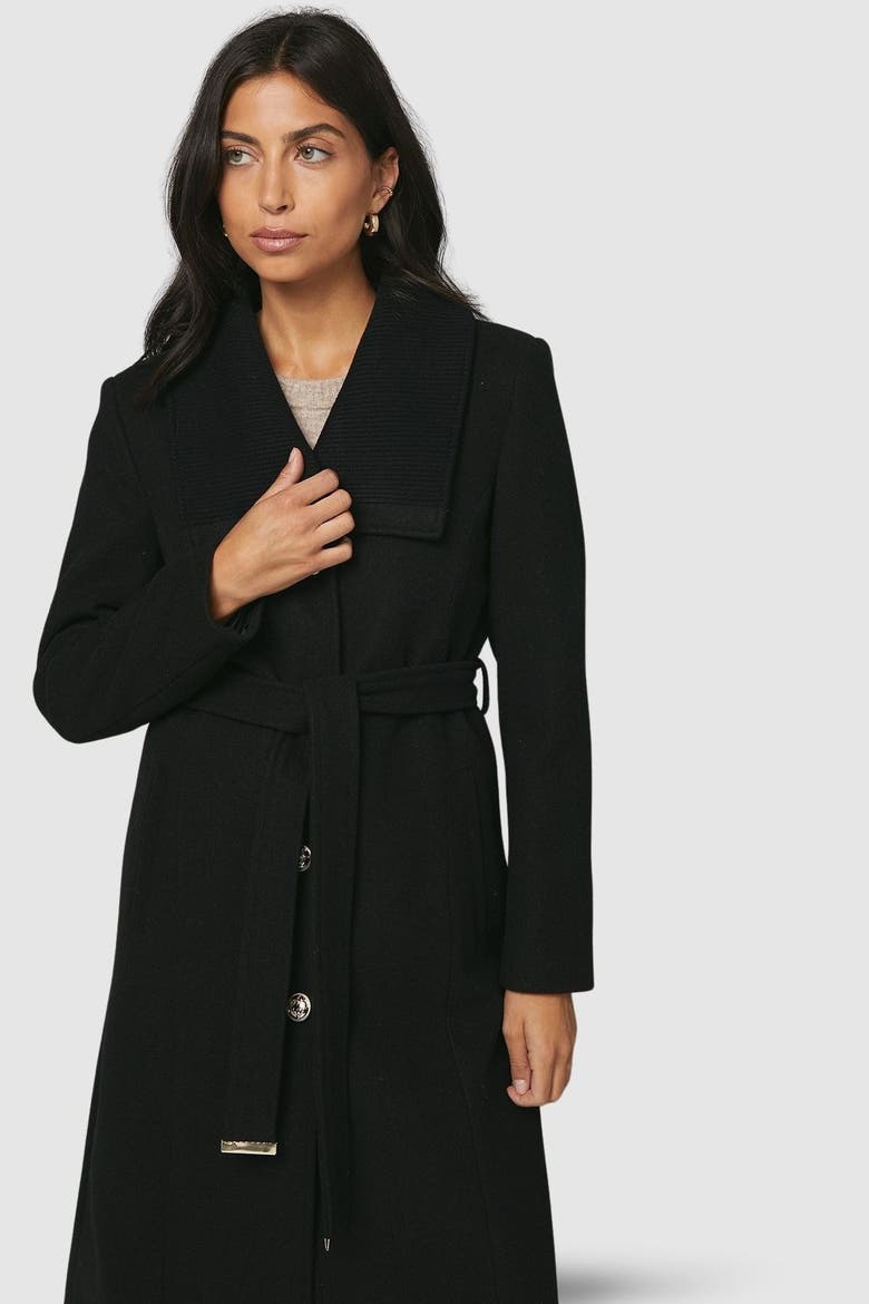 Knitted Collar Button Through Wrap Coat, Alternate, color, Black
