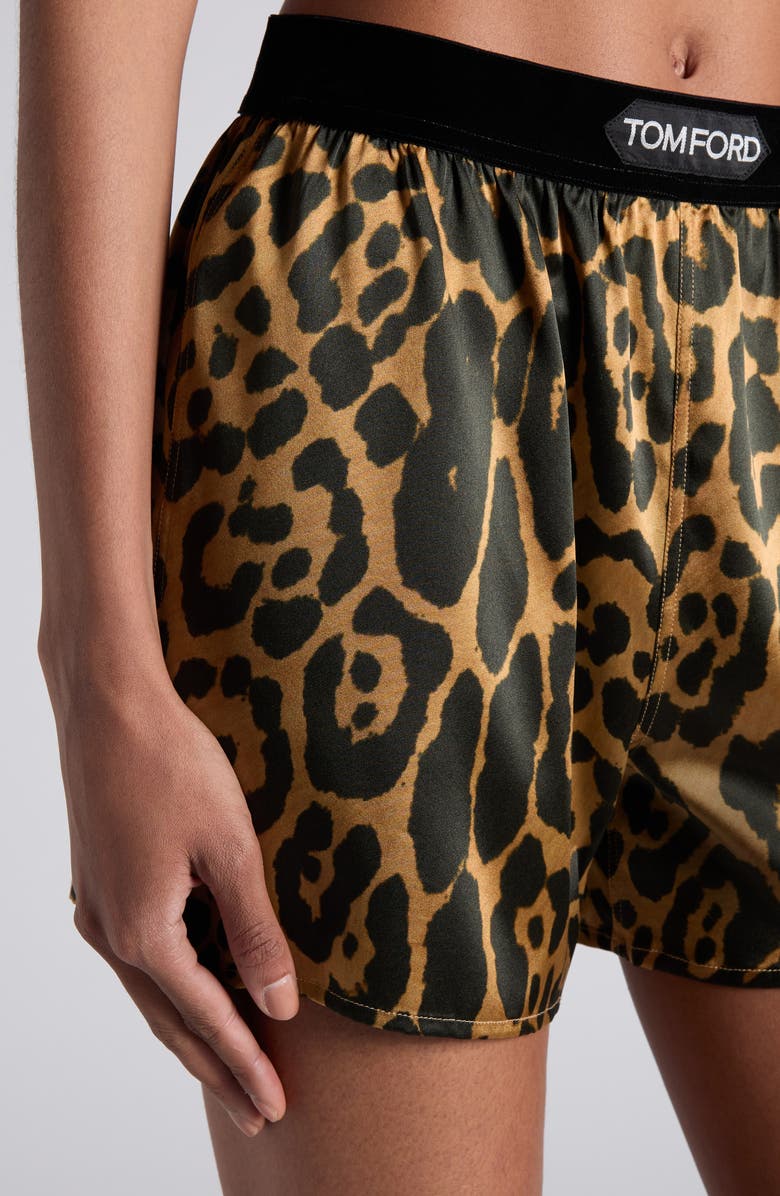 TOM FORD Leopard Print Stretch Silk Boxers, Alternate, color, Kb359 Camel