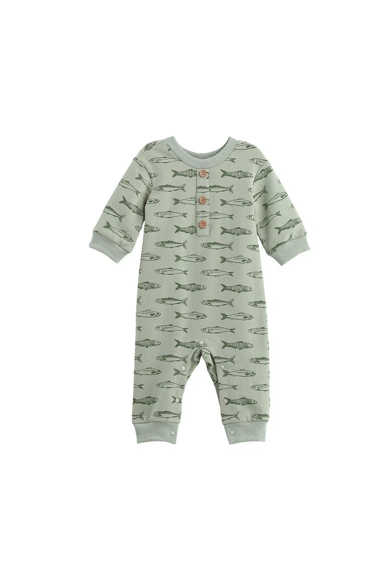 Matthew Long Sleeve Fish Print Ribbed Trim Button Placket Romper, Main, color, Green