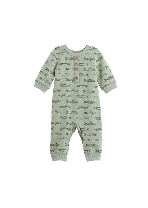 Matthew Long Sleeve Fish Print Ribbed Trim Button Placket Romper
