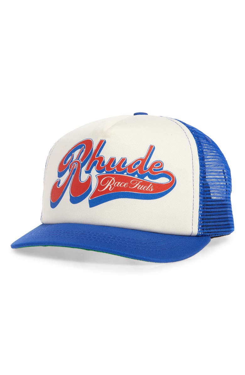 Rhude Pit Stop Twill Trucker Hat, Main, color, White / Blue / Red