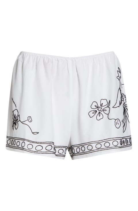 Beaded Cockatoo Cotton & Silk Poplin Tap Shorts