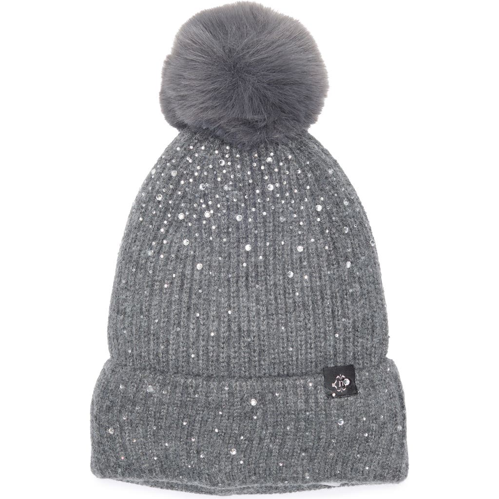 Nanette Lepore Scattered Rhinestone Beanie With Faux Fur Pompom In Gray