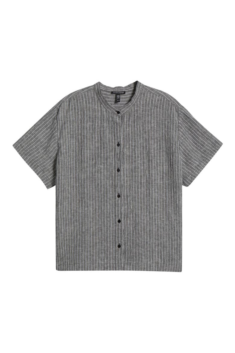 Mandarin Collar Organic Linen Button-Up Shirt, Alternate, color, BLACK/ WHITE