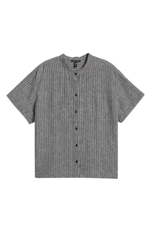 Eileen Fisher Mandarin Collar Organic Linen Button-up Shirt In Black/white