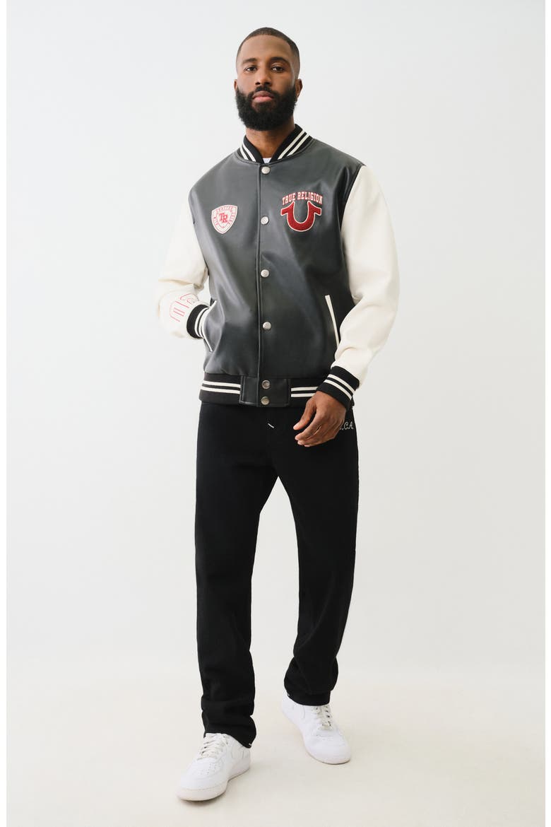 Faux Leather Varsity Jacket, Alternate, color, BLACK / WINTER WHITE