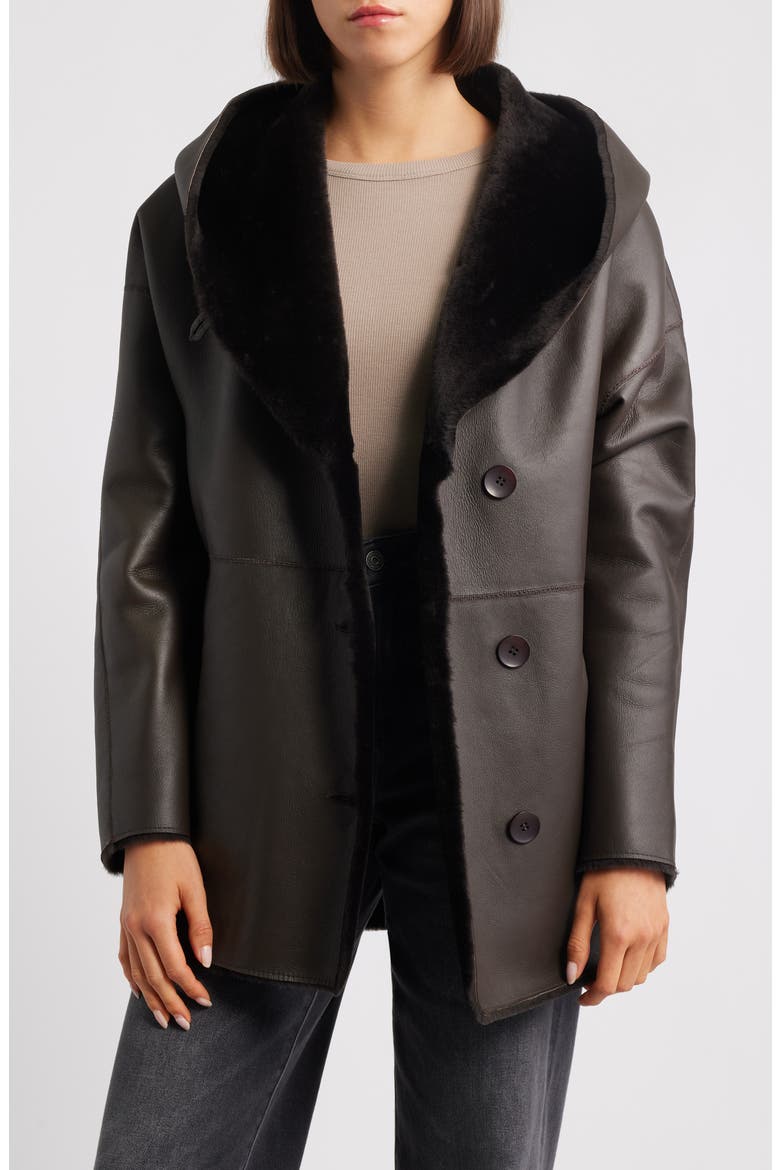 Cherez Reversible Hooded Genuine Shearling Coat, Alternate, color, CHOCOLATE