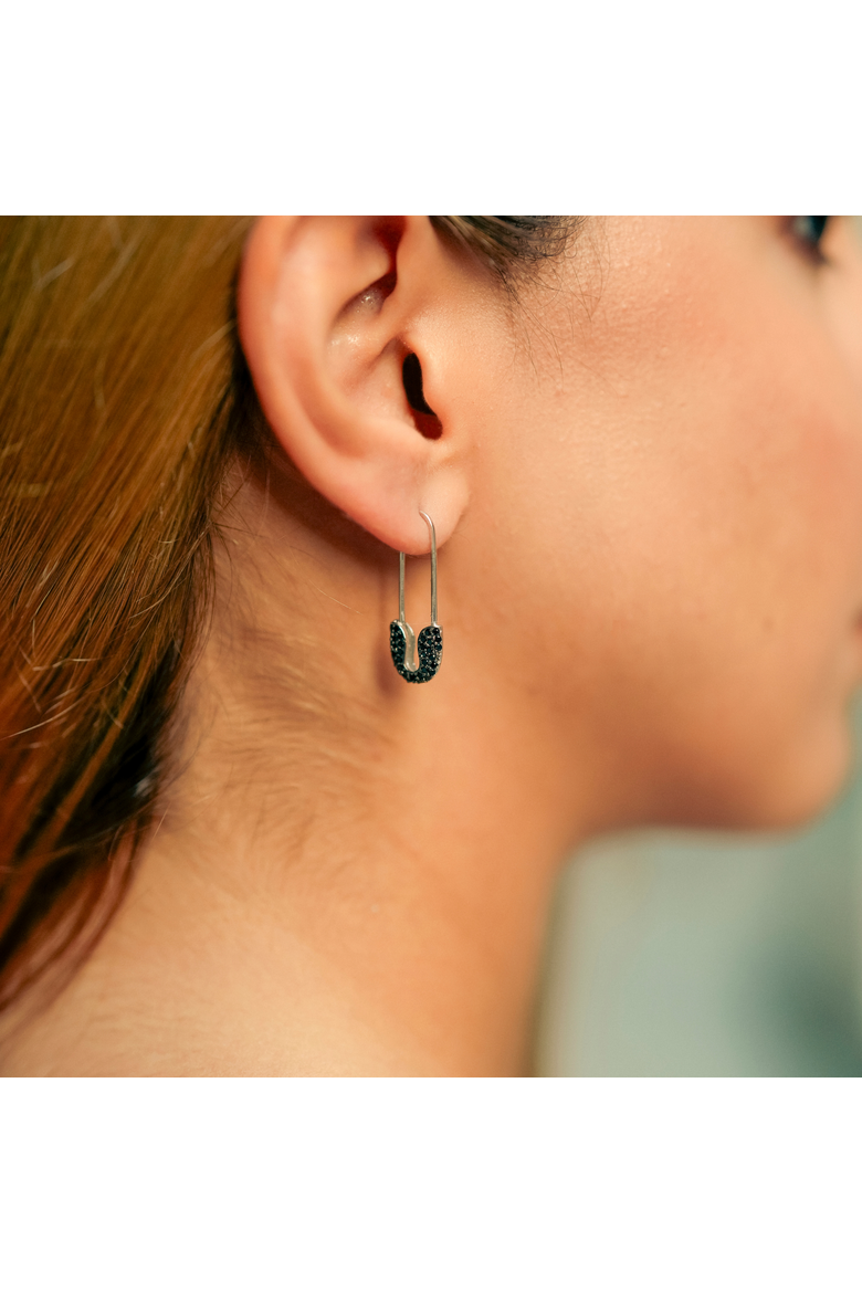 Black Pave Safety Pin Earring Jewelled Sterling Silver, Alternate, color, Silver