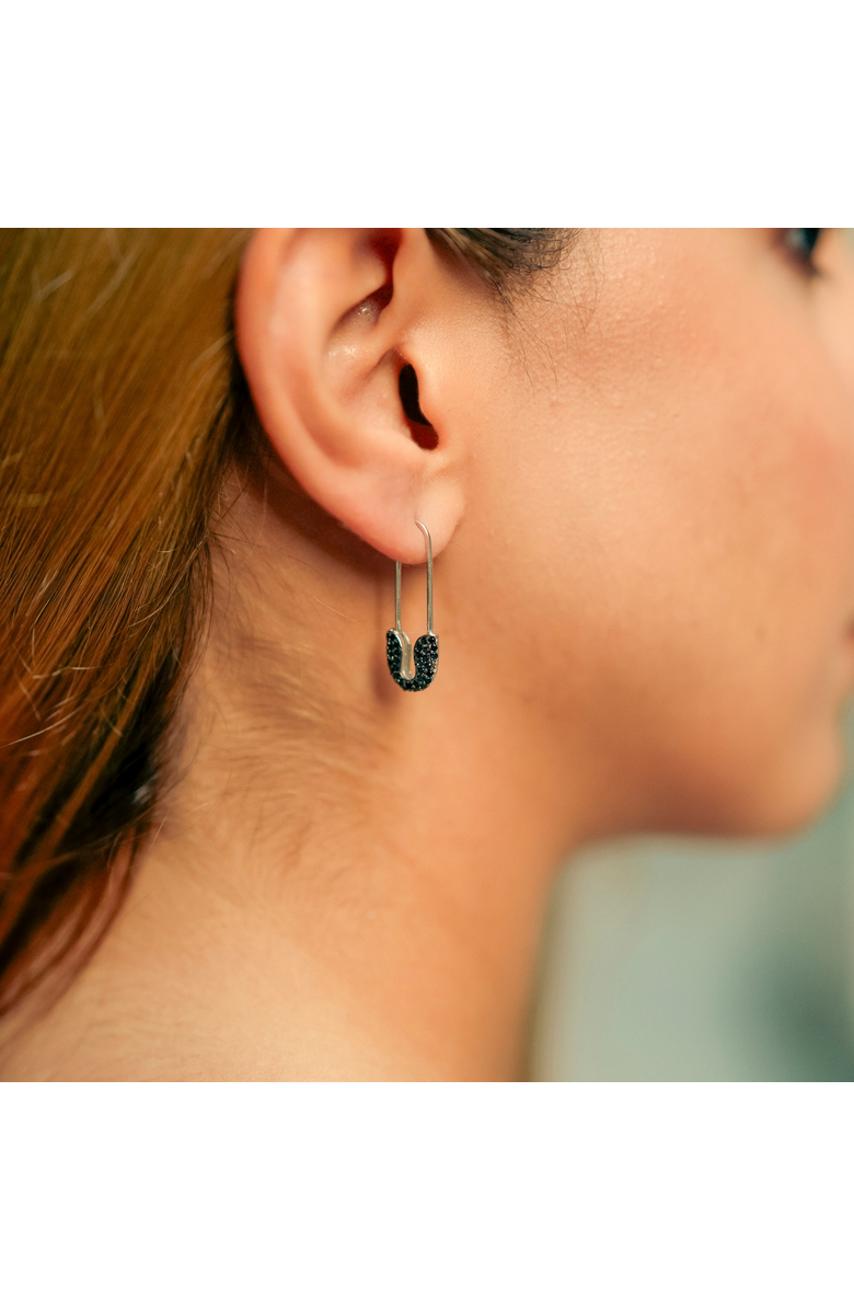 Spero London Black Pave Safety Pin Earring Jewelled Sterling Silver, Alternate, color, Silver