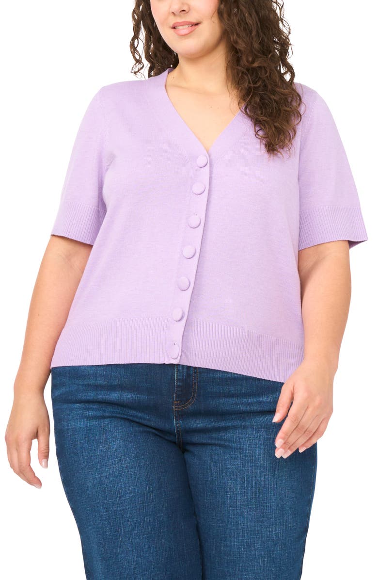 CeCe Covered Button Short Sleeve Cardigan, Main, color, French Lavender