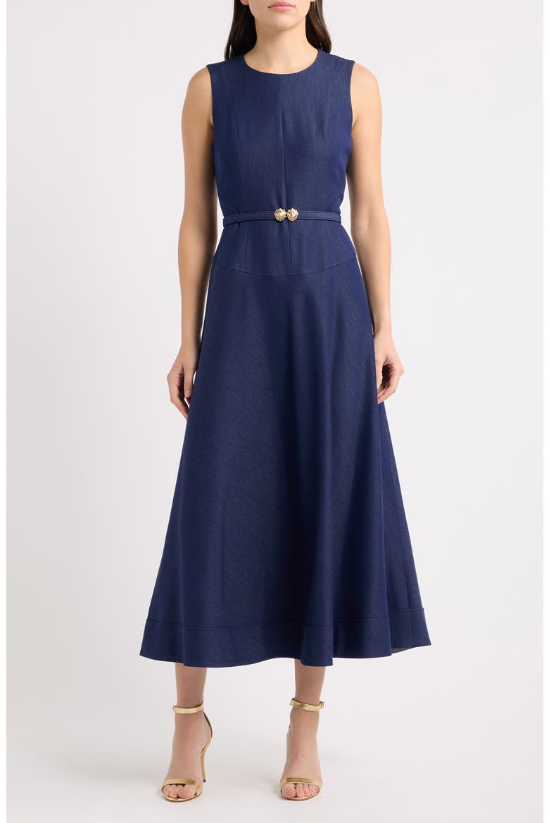 Belted Drop Waist Midi Dress, Main, color, MIDNIGHT FAUX DENIM