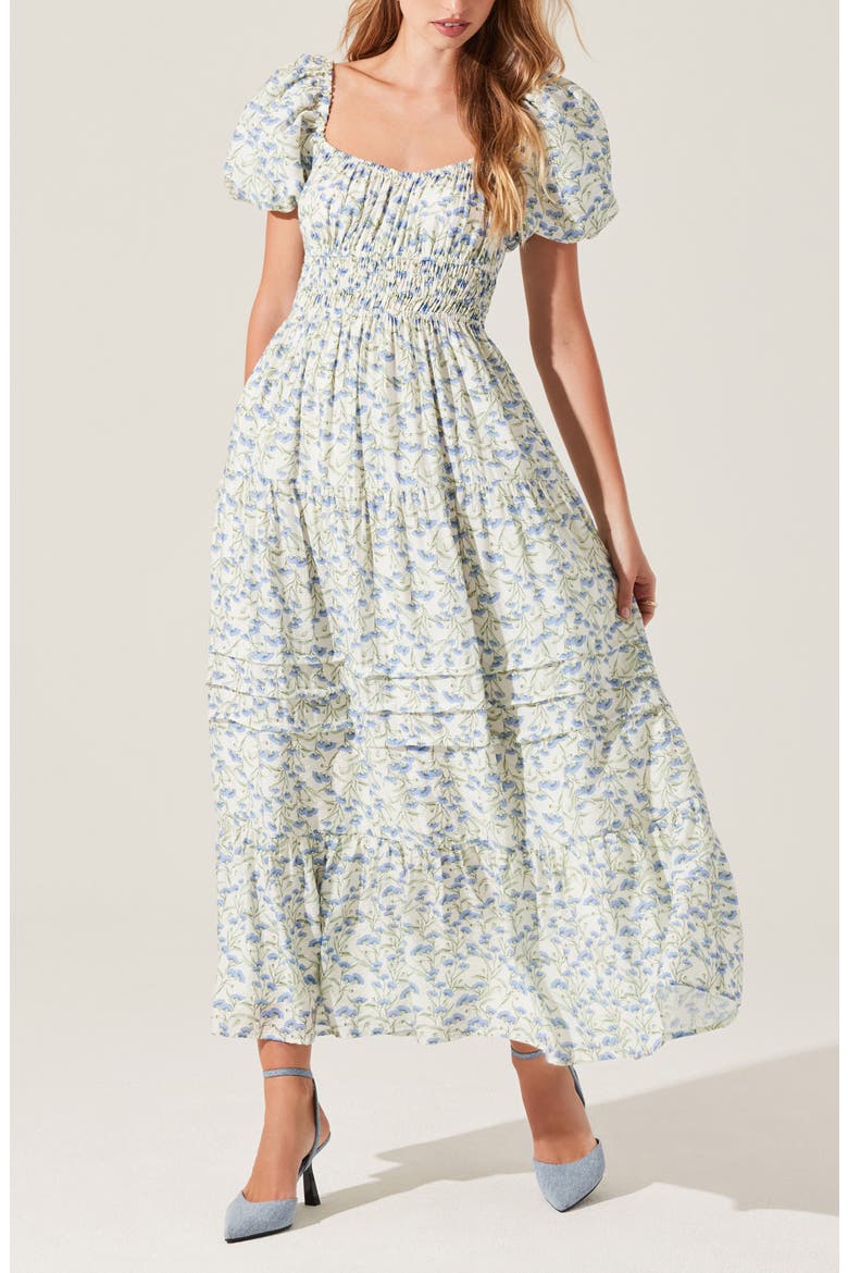 Florentina Floral Print Smocked Dress, Alternate, color, CREAM BLUE FLORAL