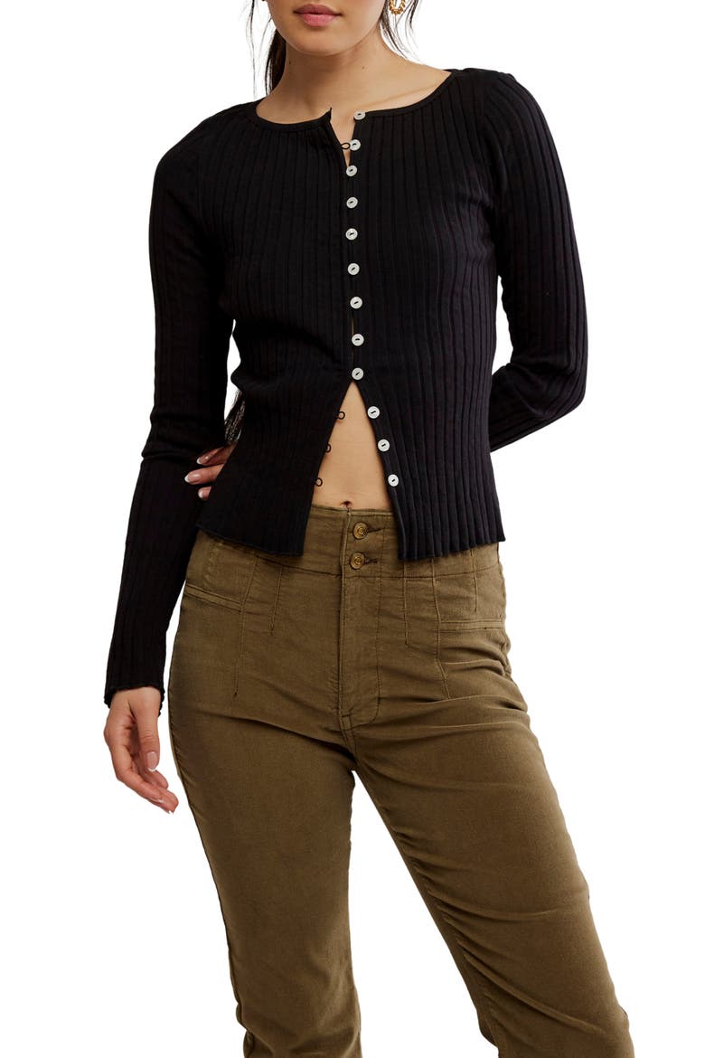 Tilly Rib Long Sleeve Button-Up Top, Main, color, BLACK