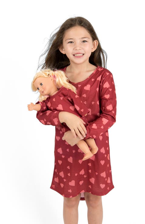 Girls Long Sleeve Nightgown with Matching Doll Nightgown, Printed Design