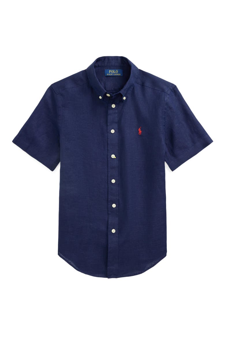 Kids' Short Sleeve Linen Button-Down Shirt, Main, color, NEWPORT NAVY