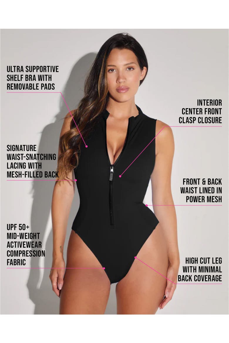 Mega Sculpting Adjustable Zip Front Cheeky Cut One Piece Swimsuit, Alternate, color, Black
