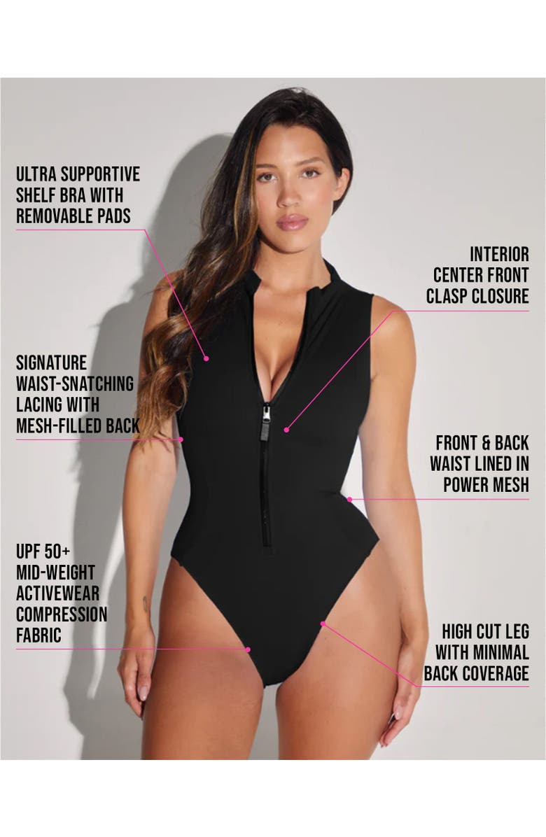 TA3 Adjustable Zip Front Cheeky Cut One- Piece Swim Suit, Alternate, color, Black