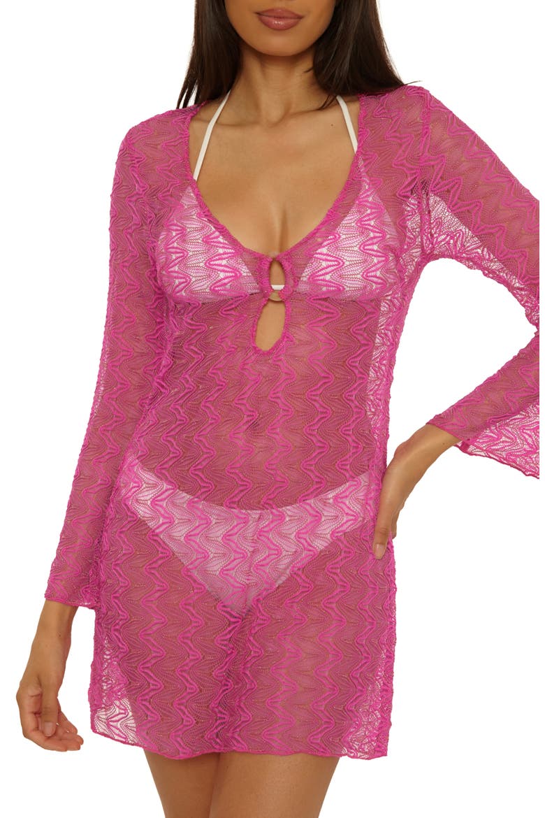 Golden Riviera Long Sleeve Open Knit Cover-Up Tunic, Main, color, ROSE BERRY