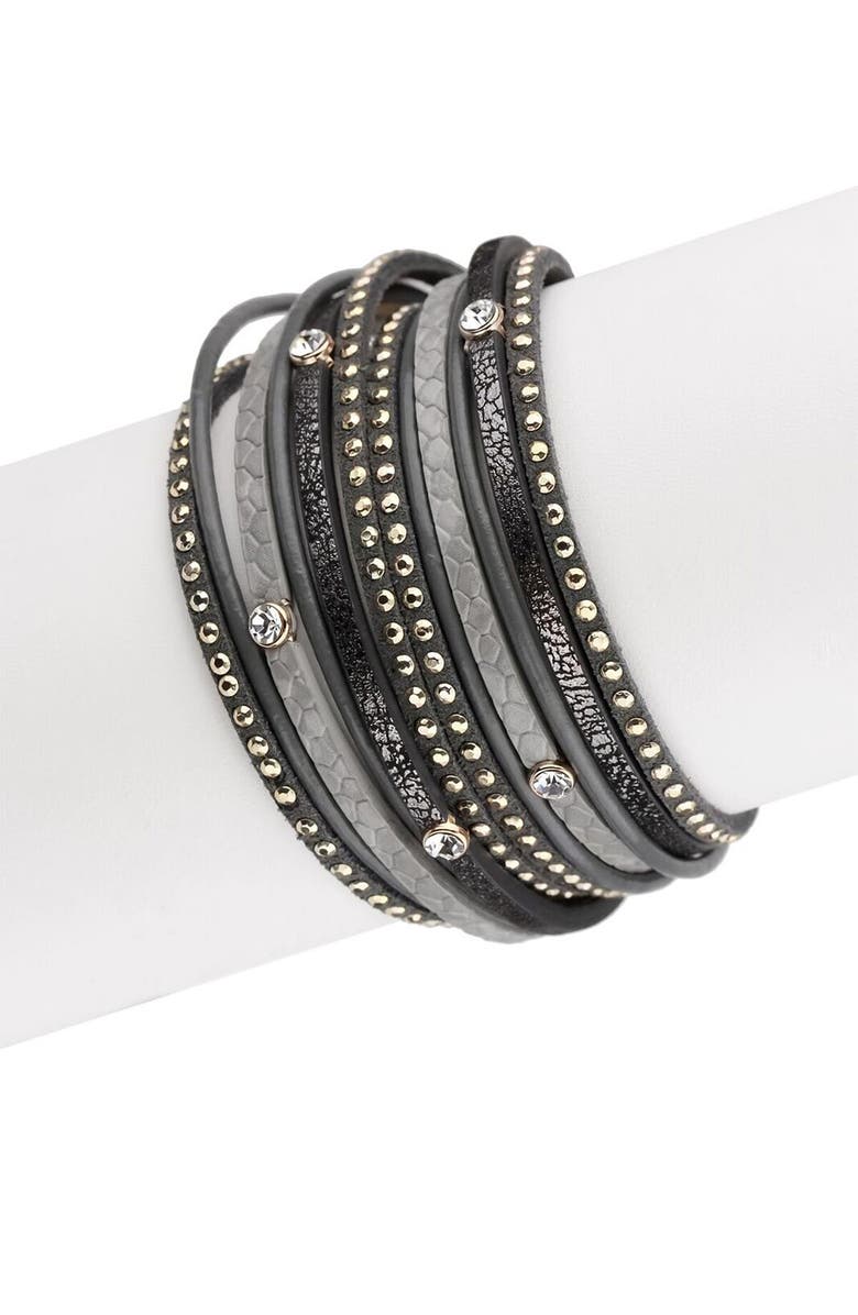 SAACHI Grey Sabrina Crystal Detail Leather Wrap Bracelet, Alternate, color, 