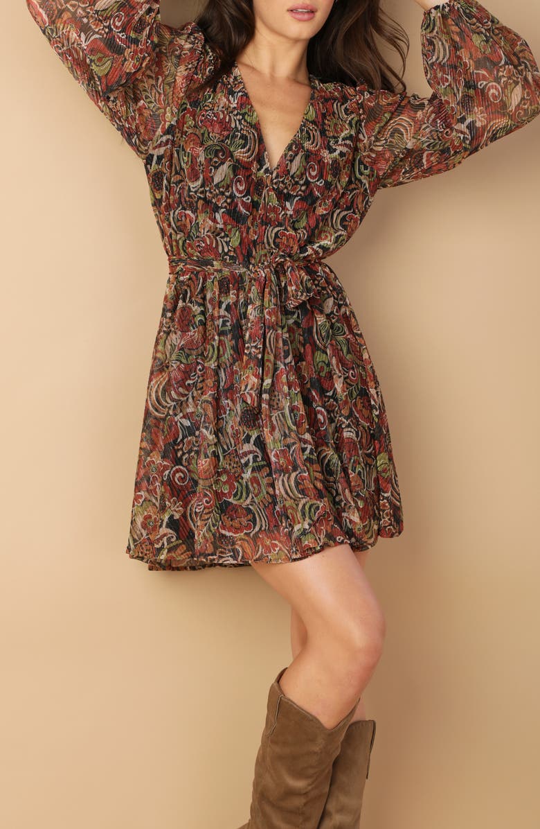 FLYING TOMATO Long Sleeve Metallic Plissé Minidress, Alternate, color, Black/ Red Multi