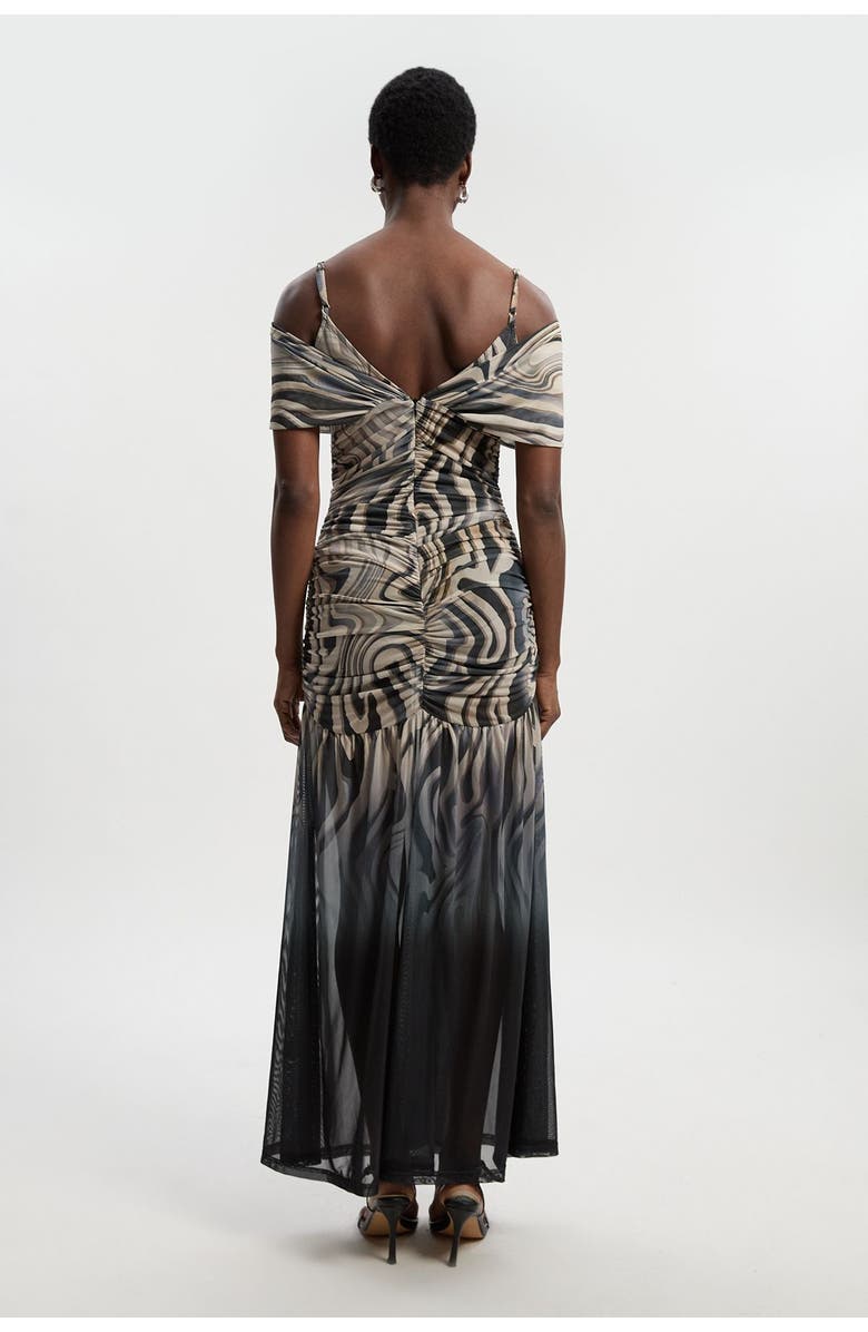 Karen Millen Marble Print Mesh Plunge Maxi Dress, Alternate, color, Mono