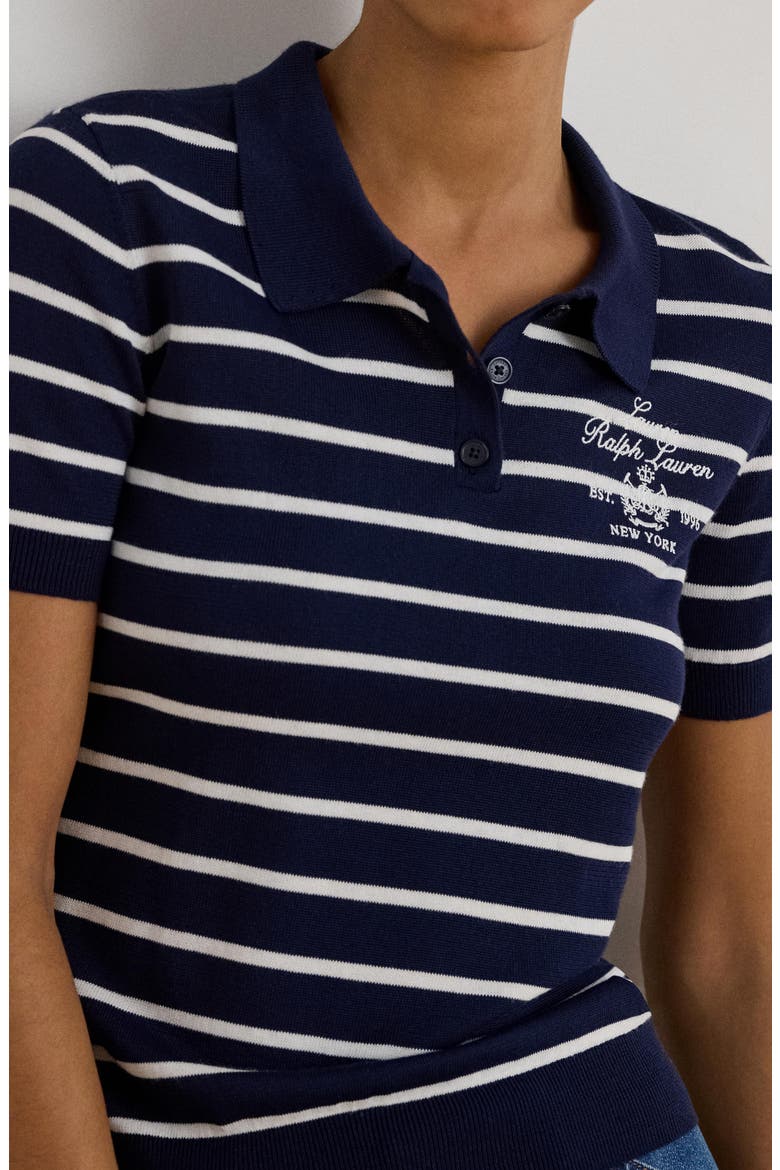 Stripe Cotton Blend Polo Top, Alternate, color, REFINED NAVY BLUE/ WHITE