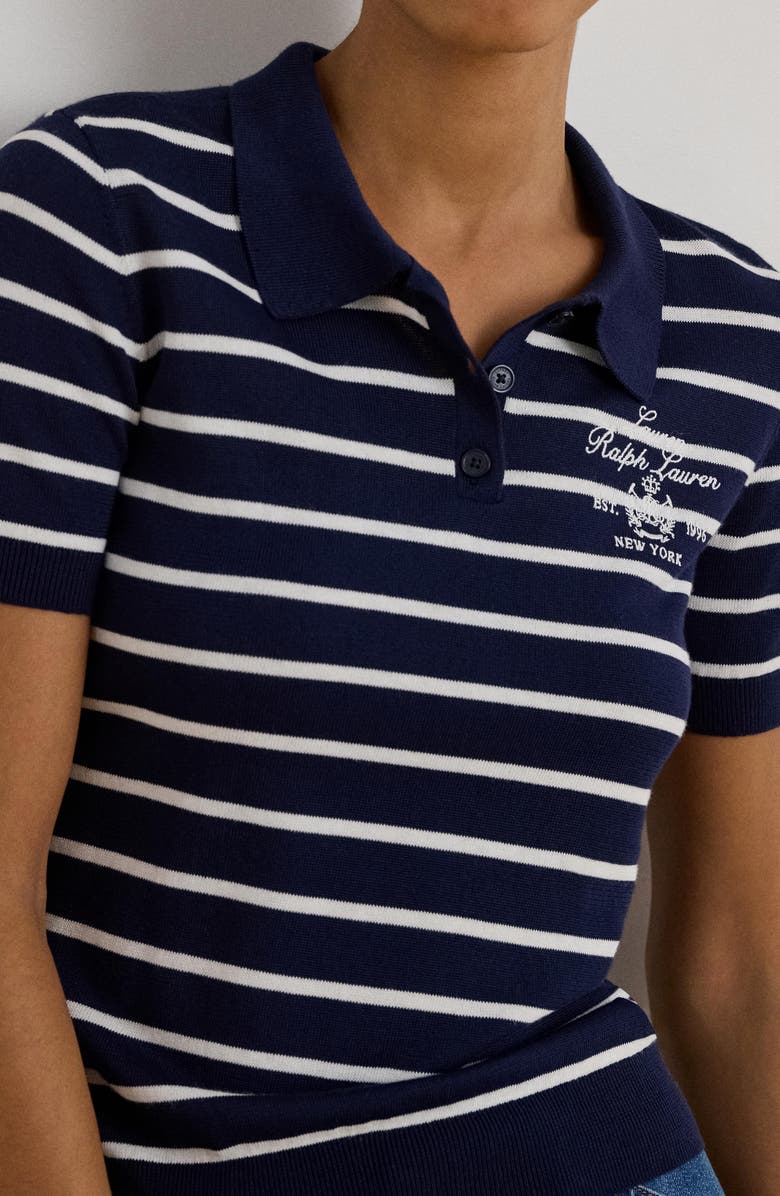 Lauren Ralph Lauren Stripe Cotton Blend Polo Top, Alternate, color, Refined Navy Blue/ White