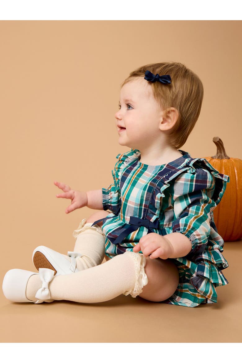 Woven Long Sleeve Waterfall Bow Bubble Romper, Alternate, color, Forrest Plaid