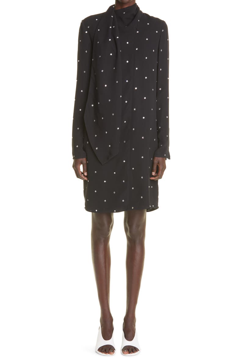 St. John Collection Rhinestone Embellished Scarf Neck Silk Dress, Main, color, BLACK