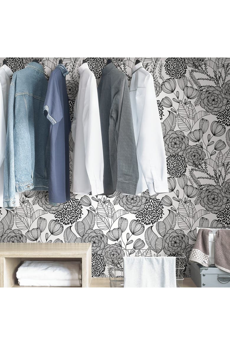 Black Secret Garden Peel & Stick Wallpaper, Alternate, color, BLACK