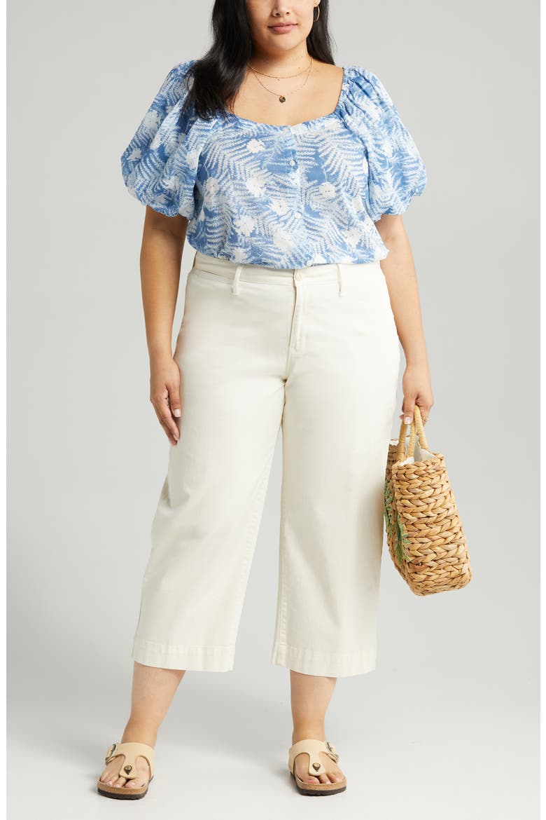Puff Sleeve Front Button Organic Cotton Top, Main, color, BLUE MOONLIGHT FLORAL FERNS