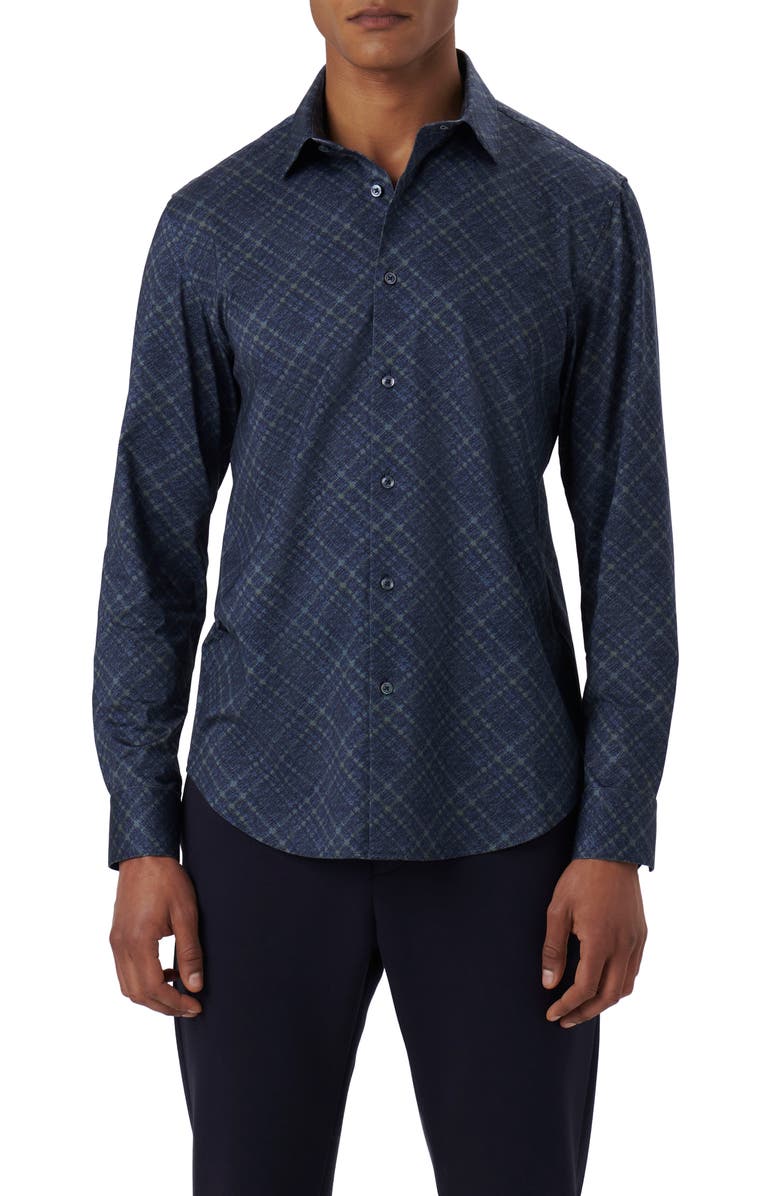 Bugatchi James OoohCotton<sup>®</sup> Diagonal Plaid Print Button-Up Shirt, Main, color, Navy