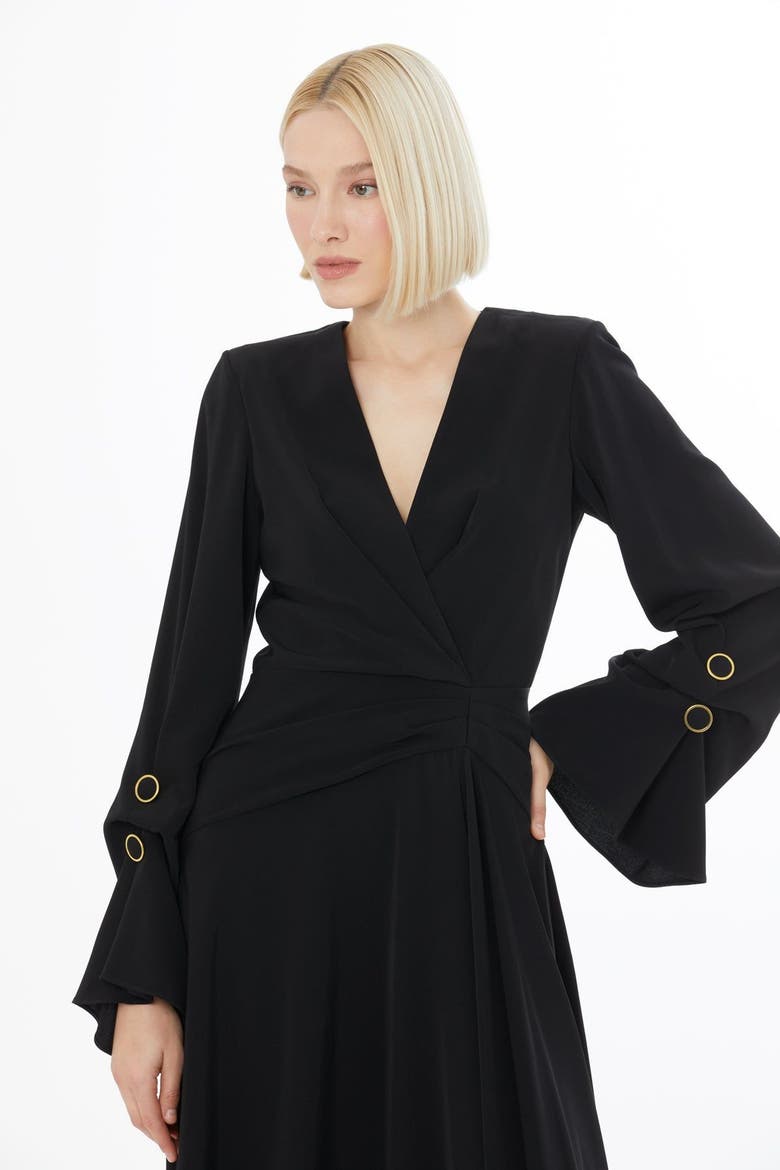 Pleated Front Midi Dress with Concealed Back Zip, Alternate, color, Black