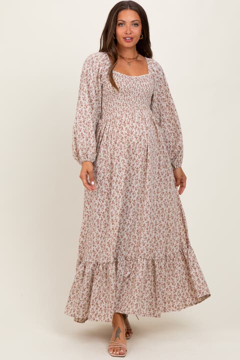 Floral Smocked Lace Trim Sweetheart Maxi Dress
