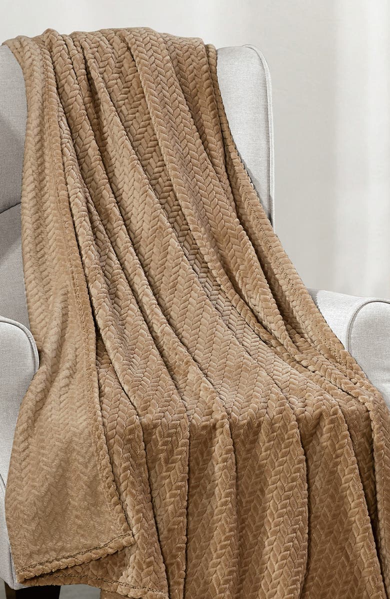 Luxury Home Braided Chevron Microplush Faux Shearling Throw Blanket, Alternate, color, Taupe