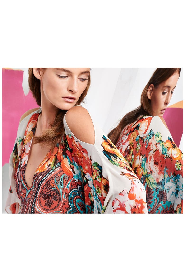 Print Cold Shoulder Silk Caftan Dress, Alternate, color, PINK/ BLUE MULTI