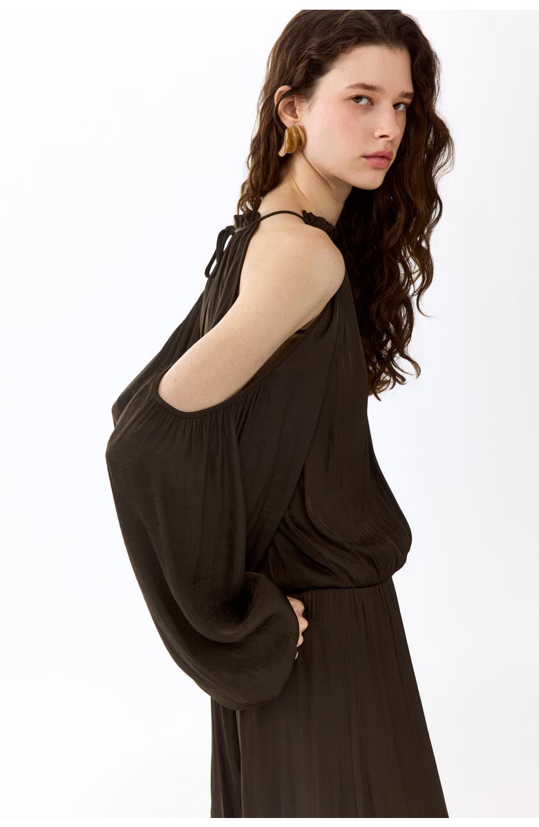 H&M Cold-shoulder Satin Jumpsuit, Alternate, color, Dark Khaki Green