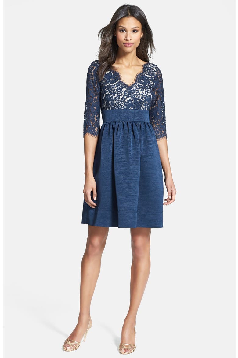 Lace & Faille Dress, Main, color, NAVY