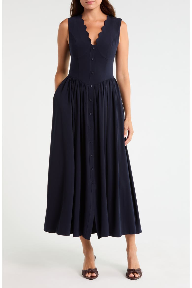 Scallop Stretch Crepe Maxi Dress, Main, color, NAVY