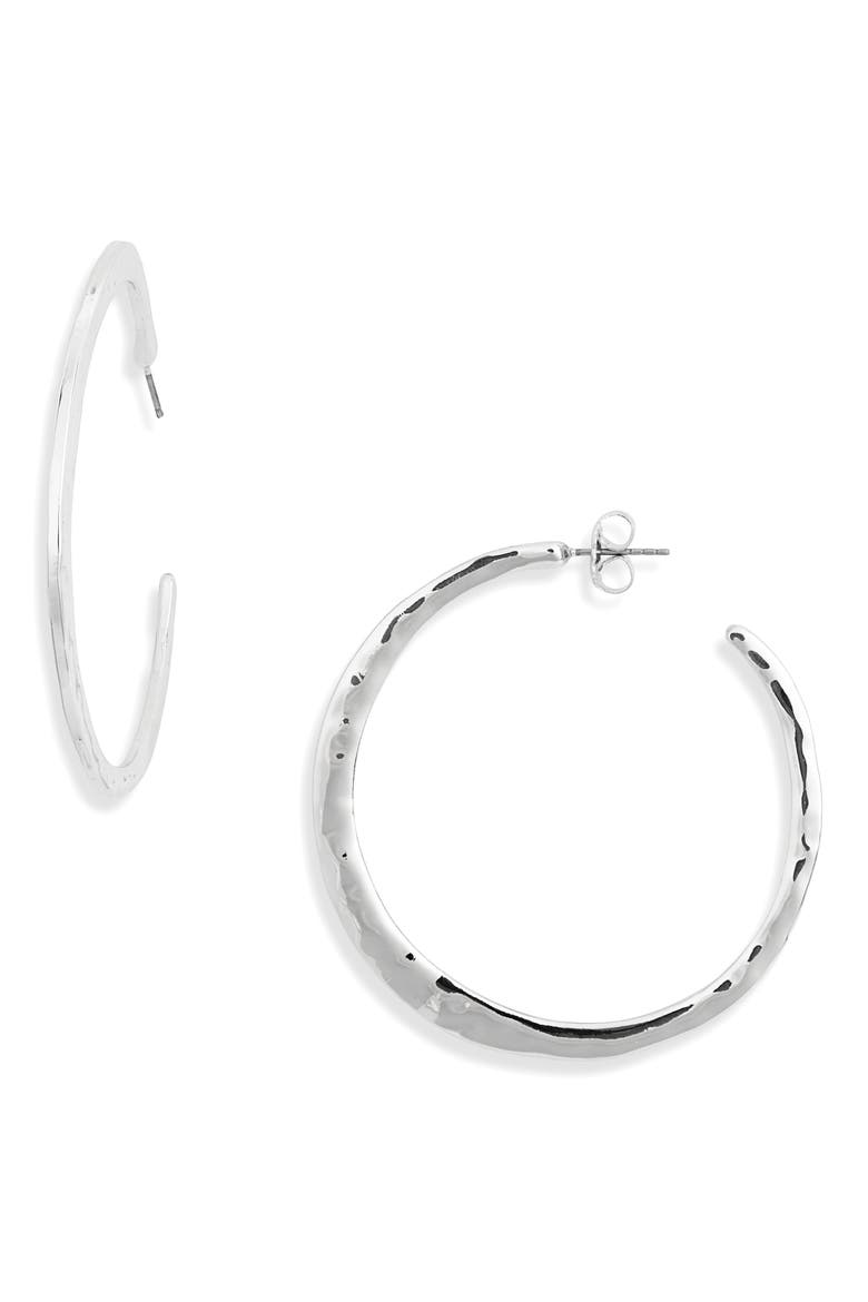Large Hammered Hoop Earrings, Main, color, SILVER